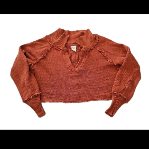 We The Free Free People Darcy Cropped Frayed Distressed Knit Sweater In Cedar S - Picture 9 of 14